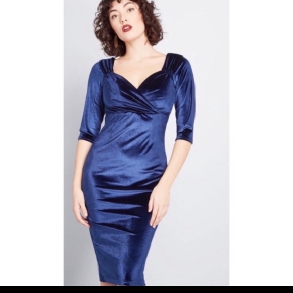 Modcloth Dresses Nwt Modcloth Steady Blue Velvet Retro Sheath Dress